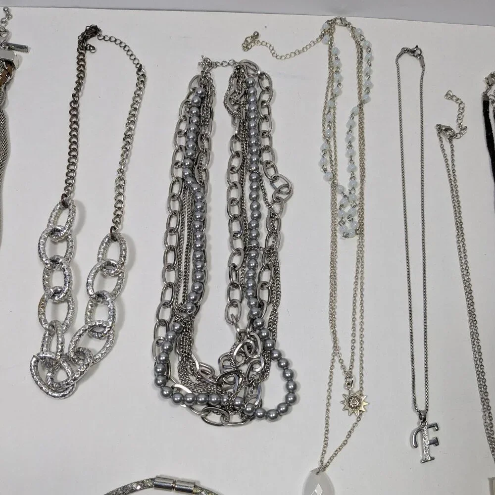 Silver Tone Necklace Lot 23 Fashion Jewelry Ready to Wear Variety Colors Styles